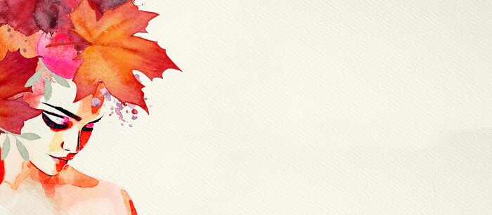 Sticker Autumn. Watercolor abstract portrait of girl. Fashion background