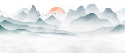 Sticker Aziatische bergen zonsondergang