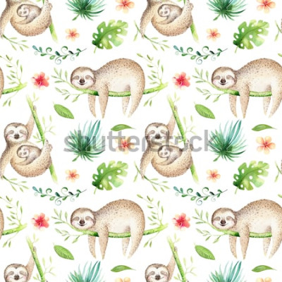 Sticker Baby animals sloth nursery isolated seamless pattern. Watercolor boho tropical drawing, child tropical drawing cute palm tree leaves, tropic green texture,exotic flower. Aloha backgraund