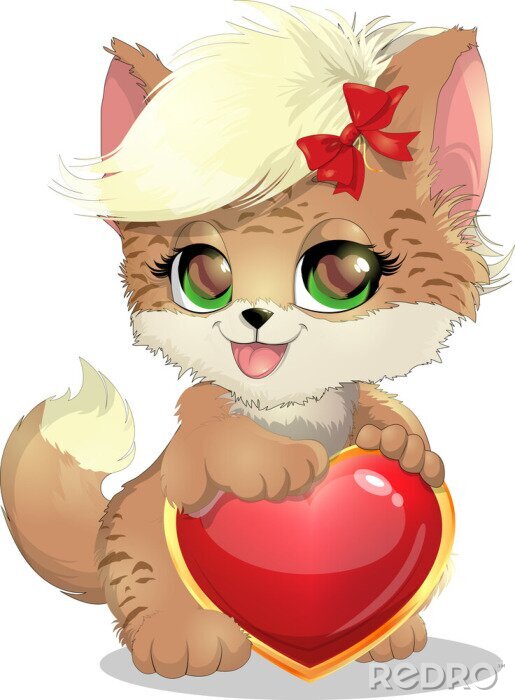 Sticker Babykat die een rood hart houden