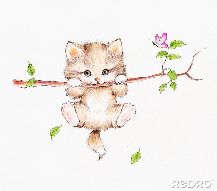 Sticker Babykat hangend aan een tak en een roze vlinder