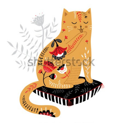 Sticker Babykat met bont bedekt met bloemen