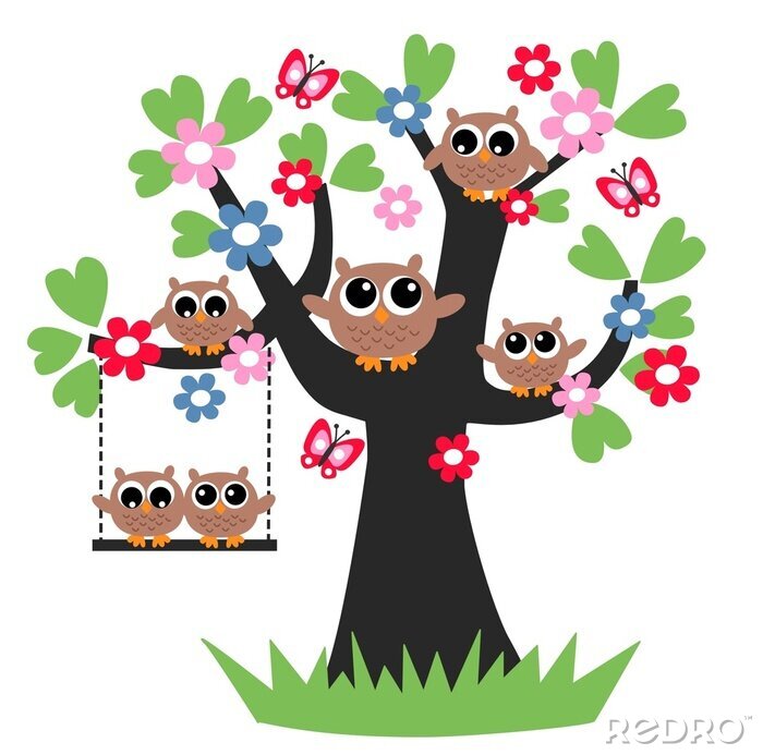 Sticker Babyuilen op een bloeiende boom