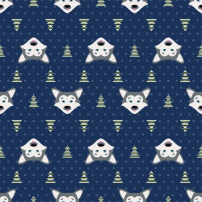 Behang Babywolven en kerstbomen op een marineblauwe achtergrond