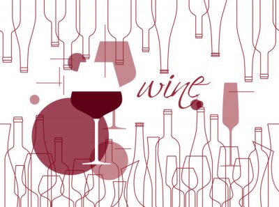 Sticker Background in modern style with wine bottles and wine glasses. Design element for tasting, menu, wine list, restaurant, winery, shop.