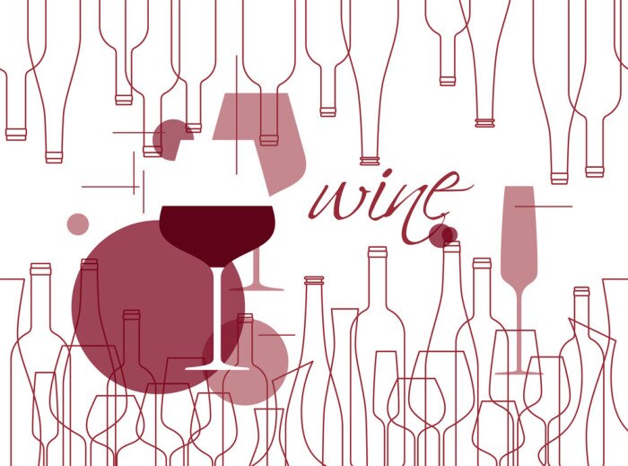 Sticker Background in modern style with wine bottles and wine glasses. Design element for tasting, menu, wine list, restaurant, winery, shop.