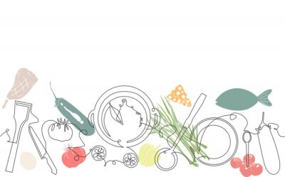 Sticker Background with Utensils and Food. Cooking Pattern. Vector illustration.