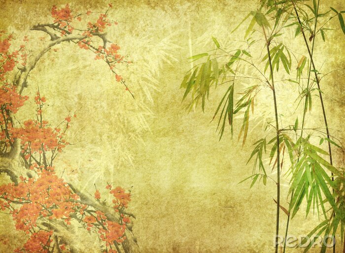 Sticker Bamboe bladeren en kleurrijke bloemen