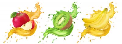 Sticker Banana, kiwi and apple fruit juice splashes realistic vector icon set