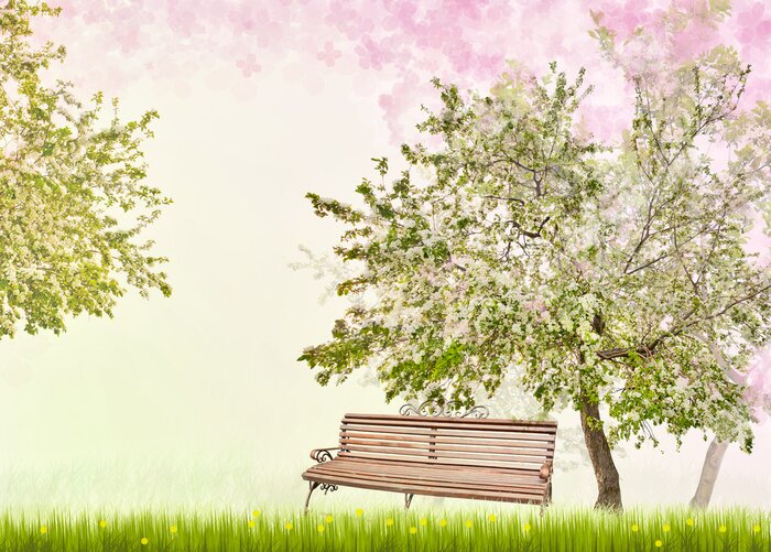 Sticker bankje onder appelboom met bloemen