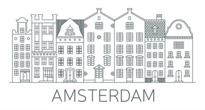 Sticker Banner of Amsterdam city in flat line style. 