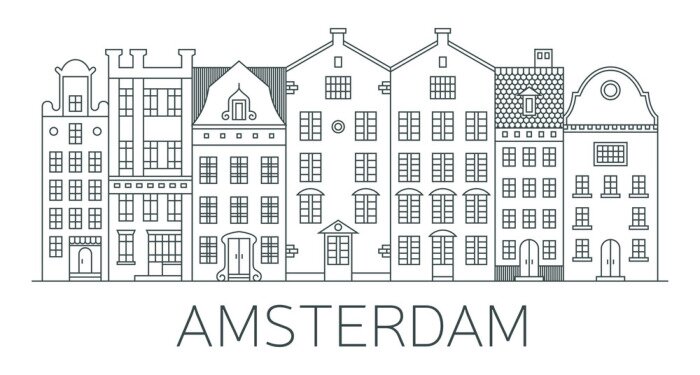Sticker Banner of Amsterdam city in flat line style. 