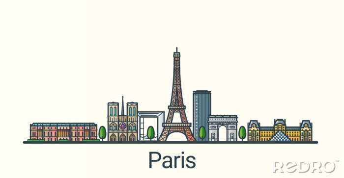 Sticker Banner of Paris city in flat line trendy style. All buildings separated and customizable. Line art.