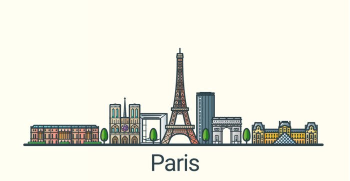 Sticker Banner of Paris city in flat line trendy style. All buildings separated and customizable. Line art.