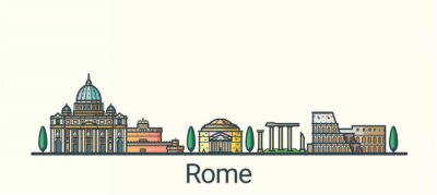 Sticker Banner of Rome city in flat line trendy style. All buildings separated and customizable. Line art.