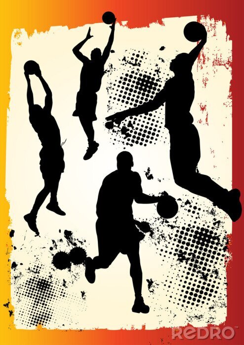 Sticker basketbalspeler team in vele houdingen op grunge grafische
