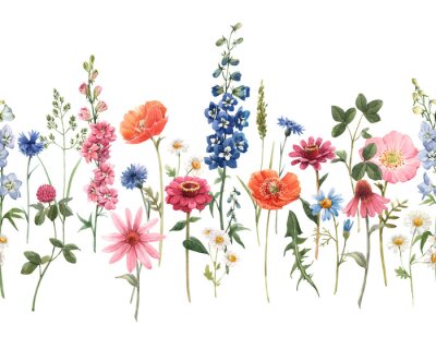 Sticker Beautiful floral summer seamless pattern with watercolor hand drawn field wild flowers. Stock illustration.