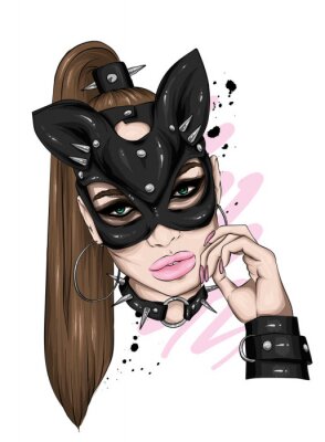 Sticker Beautiful girl in leather mask. Sex and BDSM, love. Underwear. Vector illustration for greeting card or poster, print for t-shirt. Fashion & Style.