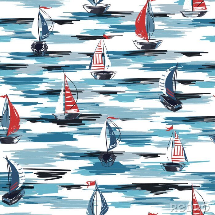 Sticker Beautiful Hand drawn brush summer boat,ship in the ocean seamless pattern vector