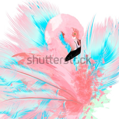 Sticker Beautiful vector illustration with drawn pink flamingo and blue feathers