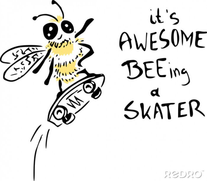 Sticker Bee skater illustration - vector drawing of a bee on a skateboard
