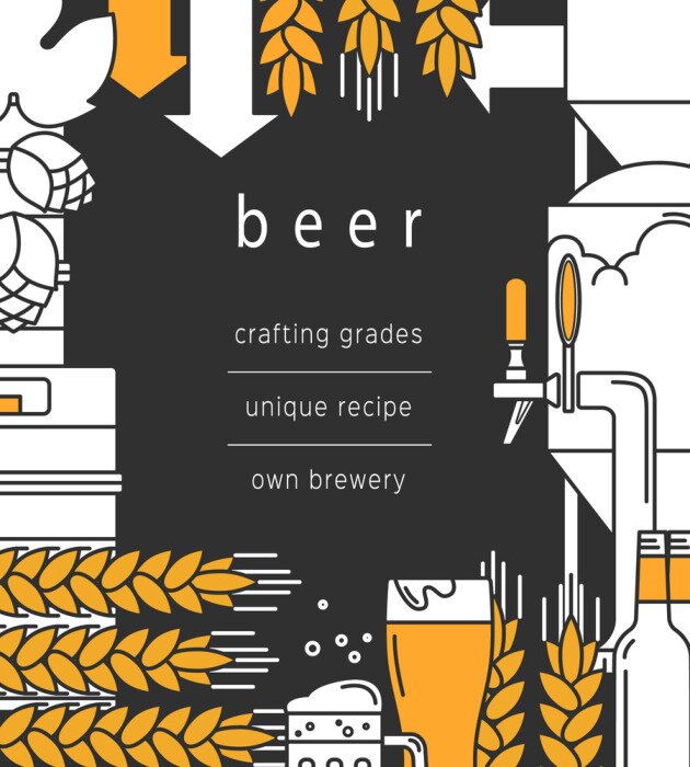 Sticker Beer background. Glass, mug, beer tap, bottles and kegs, equipment for brewing, brewery, wheat and hops. Vector backdrop for booklet, brochure, flyer.