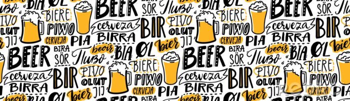 Sticker Beer text pattern. Word beer in different languages. Italian birra, spanish cerveza, macedonian pivo, german bier. Hand lettering seamless texture for pubs, menu and placemats.
