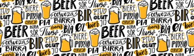 Sticker Beer text pattern. Word beer in different languages. Italian birra, spanish cerveza, macedonian pivo, german bier. Hand lettering seamless texture for pubs, menu and placemats.