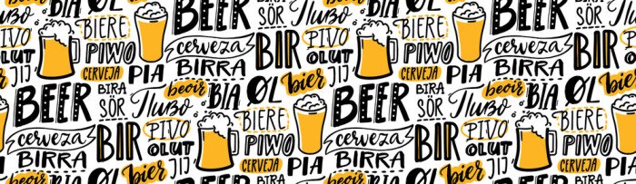 Sticker Beer text pattern. Word beer in different languages. Italian birra, spanish cerveza, macedonian pivo, german bier. Hand lettering seamless texture for pubs, menu and placemats.