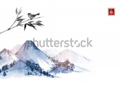 Sticker Bergen en vogeltje op bamboetak. Hiëroglief - eeuwigheid. Traditionele oosterse inkt schilderij sumi-e, u-sin, go-hua.