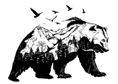 Sticker Berglandschap ingeschreven in de tekening van een beer