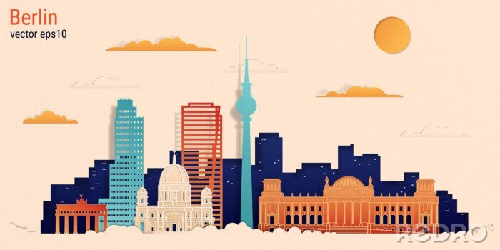 Sticker Berlin city colorful paper cut style, vector stock illustration. Cityscape with all famous buildings. Skyline Berlin city composition for design.