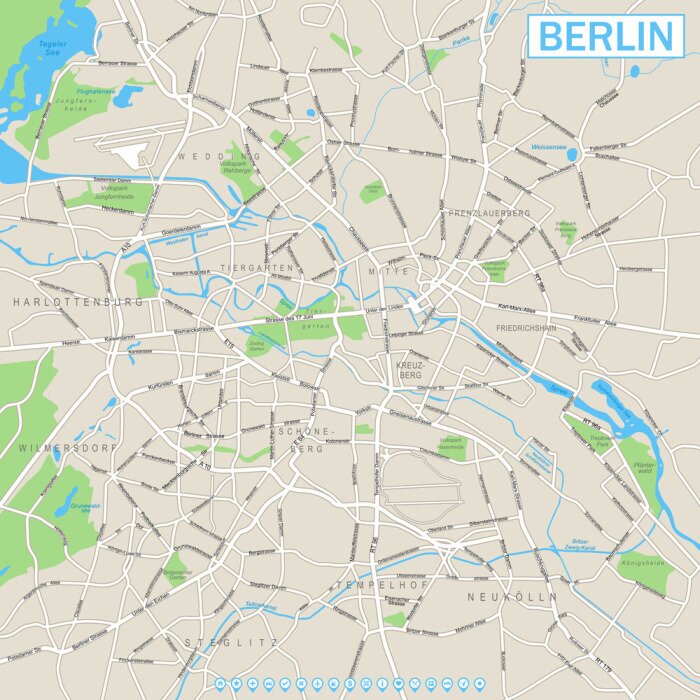 Sticker Berlin Kaart en navigatiepictogrammen zeer gedetailleerde vector straat kaart van Berlijn. Het is inclusief: - straten - parken - namen van onderdistricten - water object namen