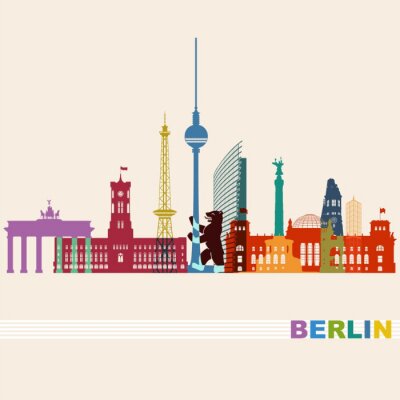 Sticker Berlin stadsgezicht kleurrijk panorama met bezienswaardigheden en belangrijke gebouwen