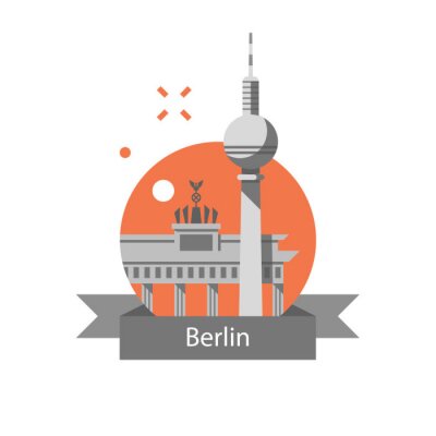 Sticker Berlin symbol, Brandenburg gate and tower, Germany travel destination, famous landmark, tourism concept