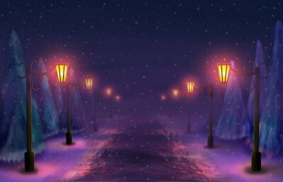 Besneeuwde steegje in het park 's nachts bij het licht van de lantaarns
