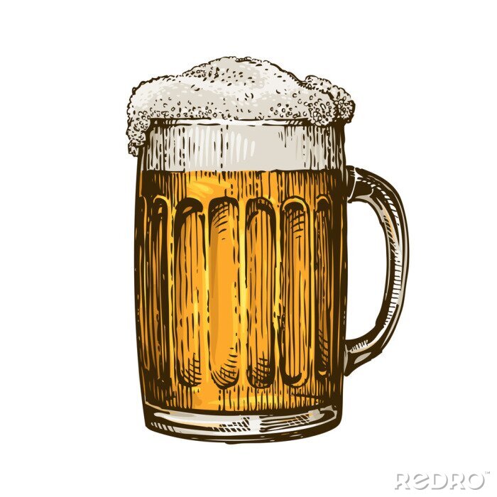 Sticker Bier in glas mok met schuim. Hand getrokken vector illustratie