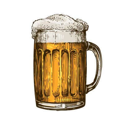 Sticker Bier in glas mok met schuim. Hand getrokken vector illustratie
