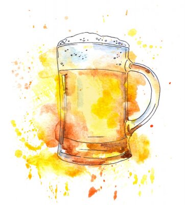 Sticker Bierglas. Watercolor met druppels en plons, originele stijl