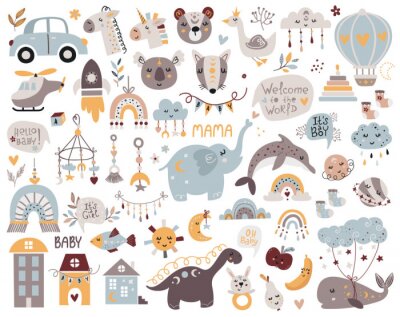 Sticker Big set of bohemian baby shower elements.