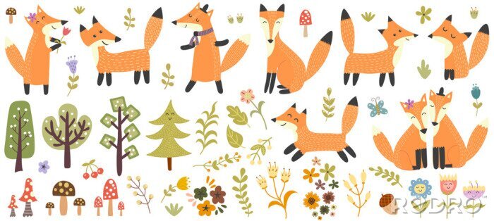 Sticker Big set of cute foxes, trees and plants. Forest elements collection