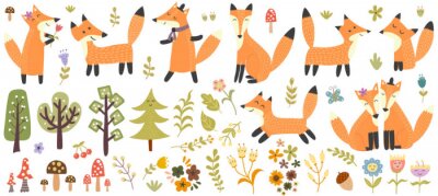 Sticker Big set of cute foxes, trees and plants. Forest elements collection