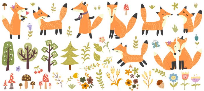 Sticker Big set of cute foxes, trees and plants. Forest elements collection