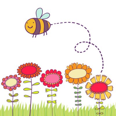 Sticker Bij die over de illustratie van bloemenkinderen vliegt