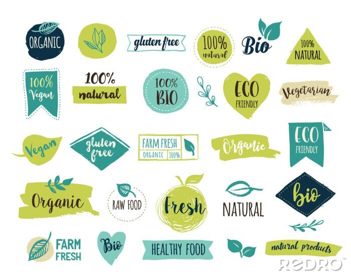 Sticker Bio, Ecologie, biologische logo's en pictogrammen, labels, markeringen. Hand getrokken bio gezond voedsel badges, set van rauwe, veganistisch, gezond voedsel tekenen, biologische en elementen set