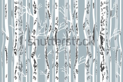 Sticker Birch grove in autumn. Seamless vector pattern with trees and birds. Retro textile collection.