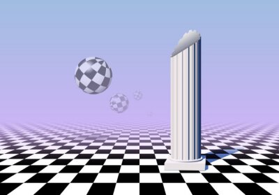 Sticker Black and white balls flying over checkered floor with column, pink and blue gradient background in vaporwave aesthetic