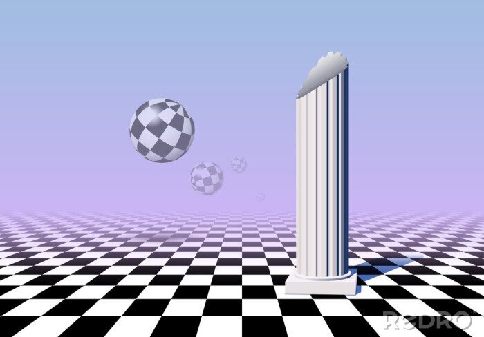 Sticker Black and white balls flying over checkered floor with column, pink and blue gradient background in vaporwave aesthetic