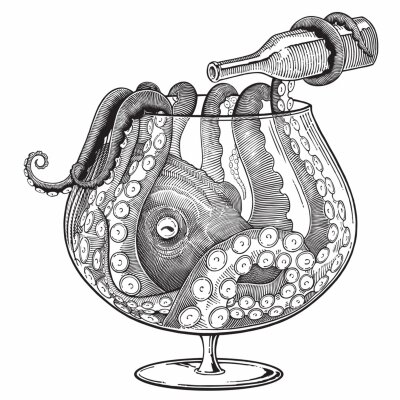 Sticker Black and white vector drawing of octopus with bottle sitting in a big glass