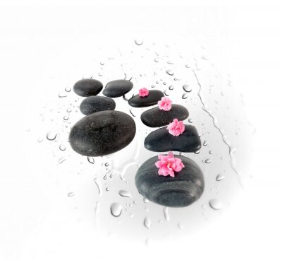 Sticker Black spa stenen en roze bloemen op het water druppels